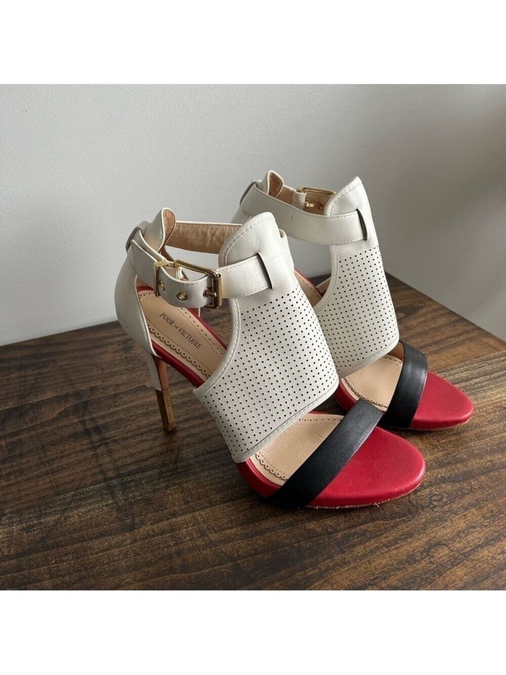 Pour La Victoire Selena Leather Heel Sandals, Size 8.5, Colour Black/White/Red.
